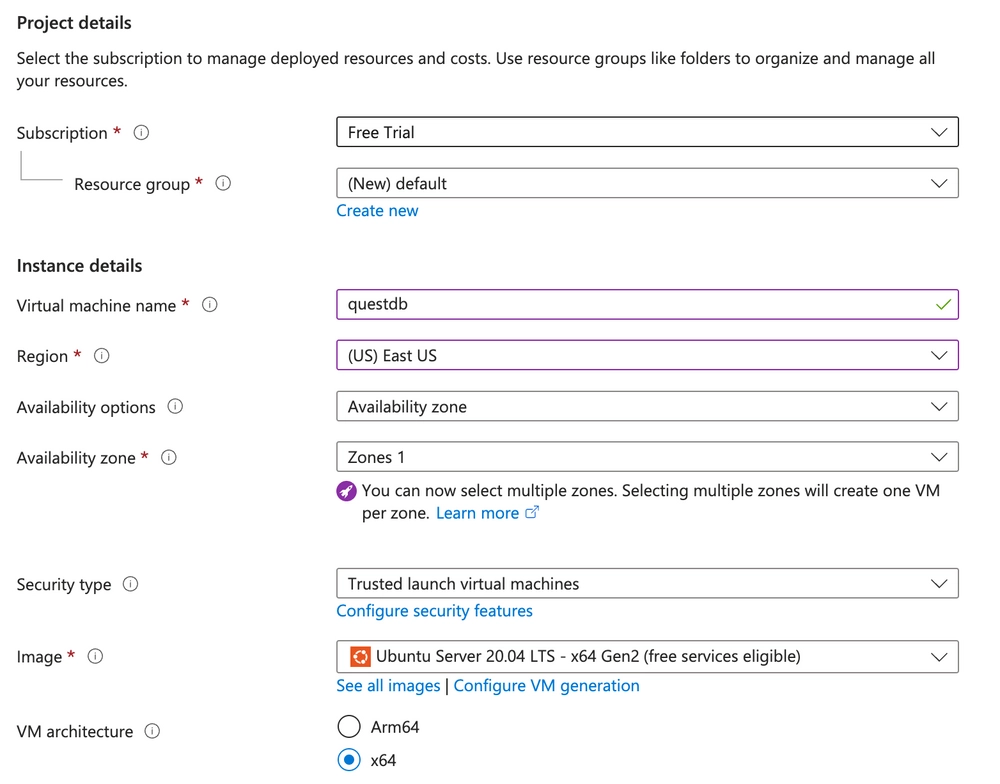 The Create Instance dialog on Microsoft Azure